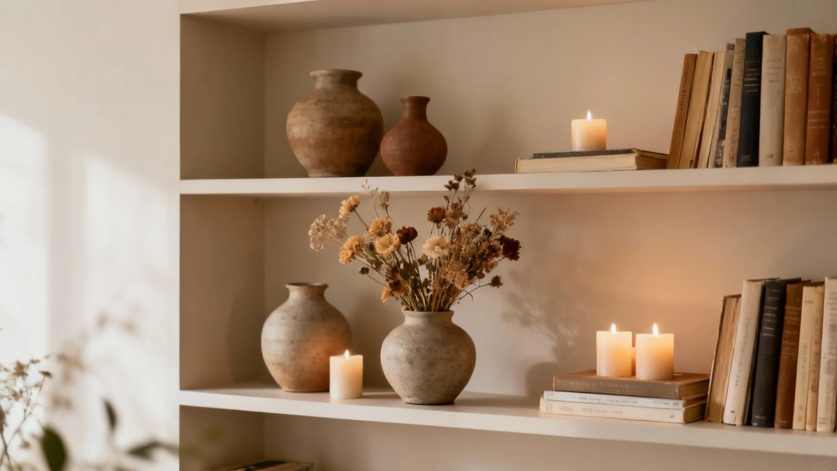 Étagère décorée avec vases en céramique et fleurs séchées