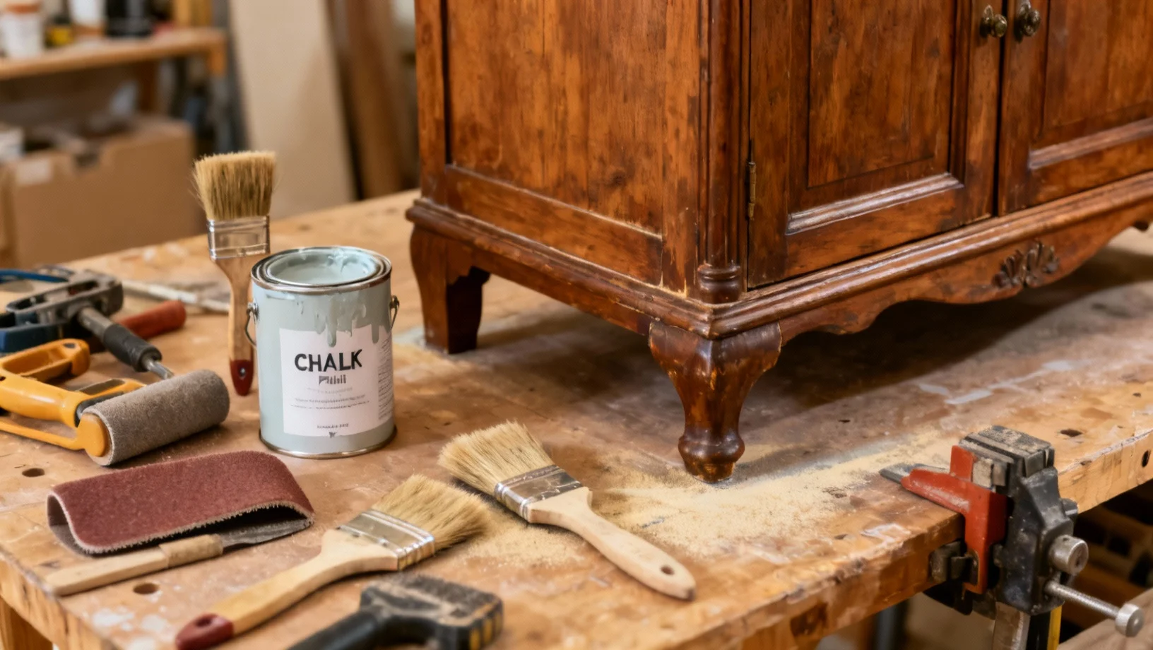Atelier créatif avec outils de peinture et meuble en cours de restauration