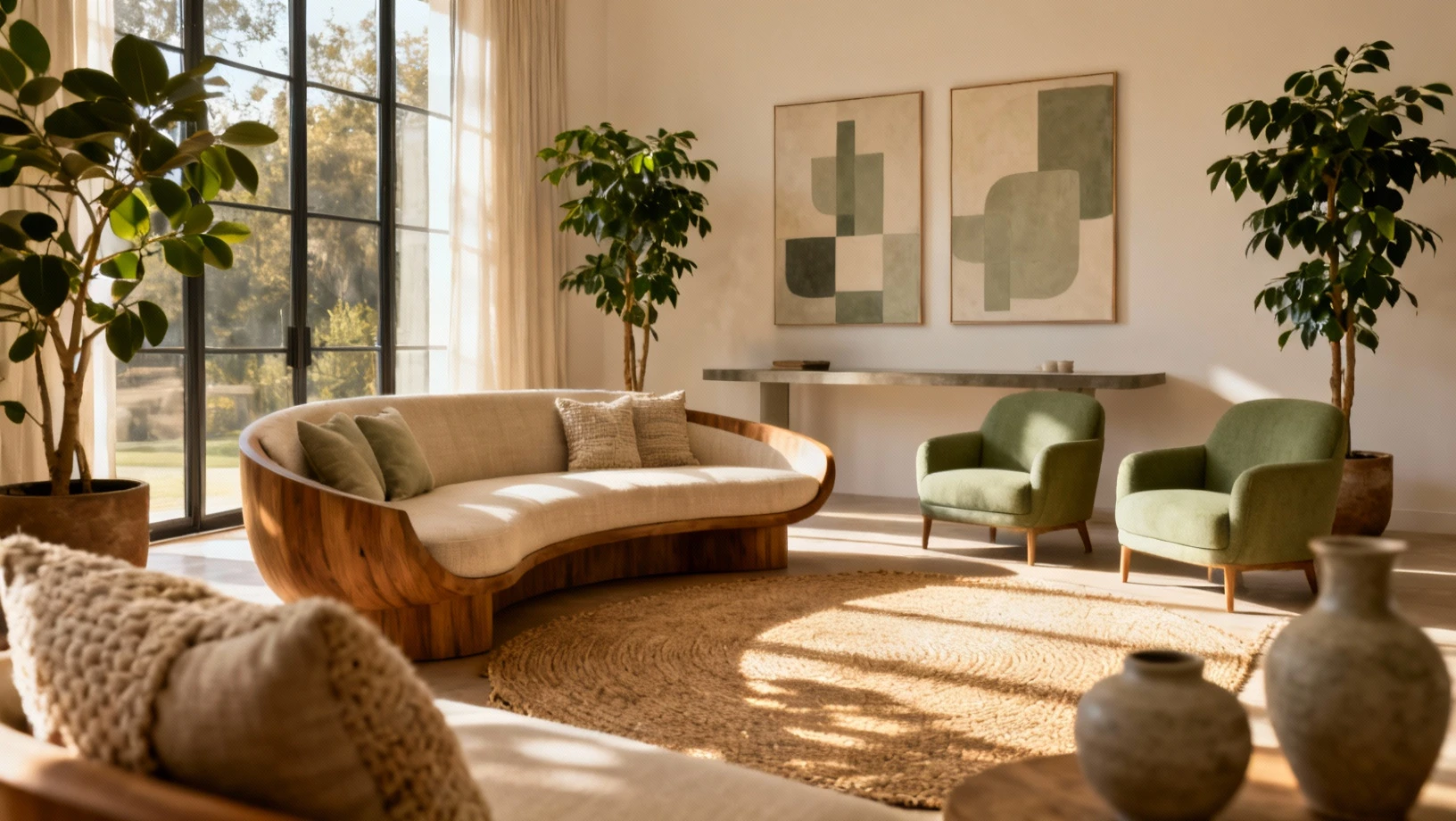 Intérieur contemporain avec mobilier organique et lumière naturelle