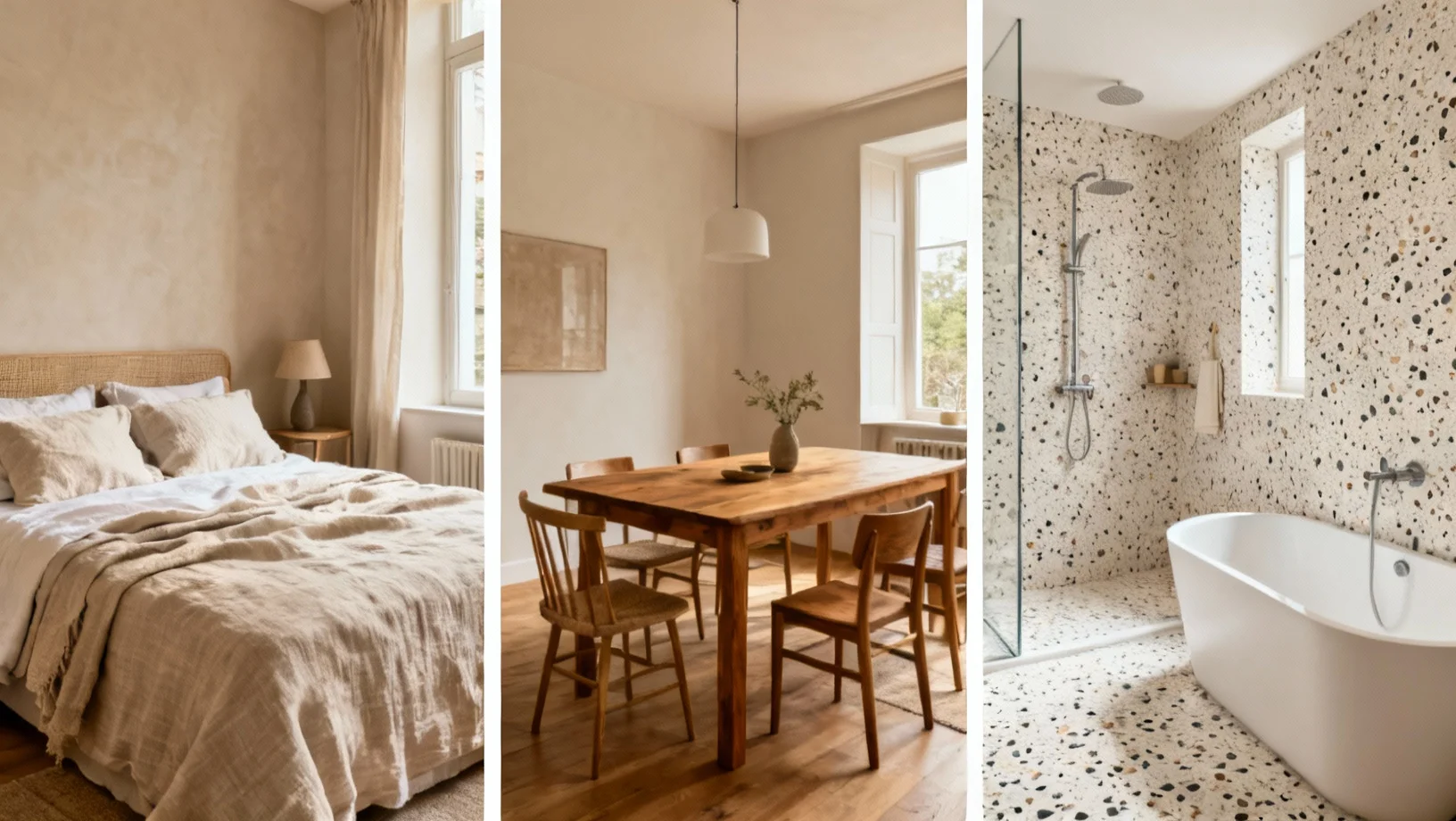 Collage d'intérieurs élégants : chambre, salle à manger et salle de bains